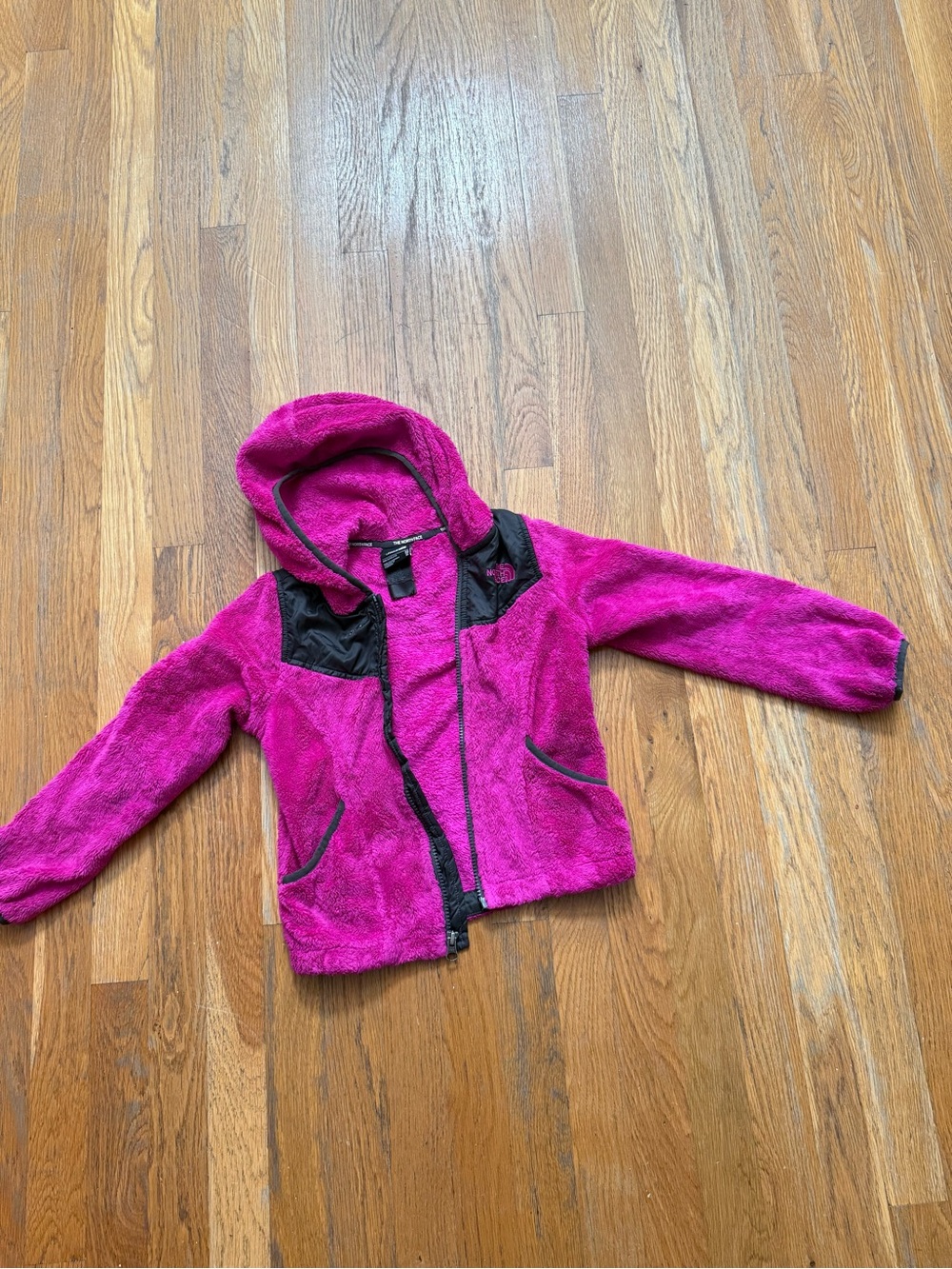 The North Face Fuchsia Plush Hooded Fleece Jacket with Black Trim